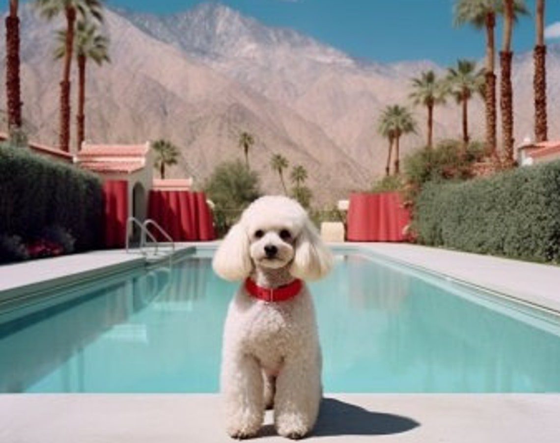 White Poodle Sitting Poolside with Desert Mountains Retro Poster - Image 3