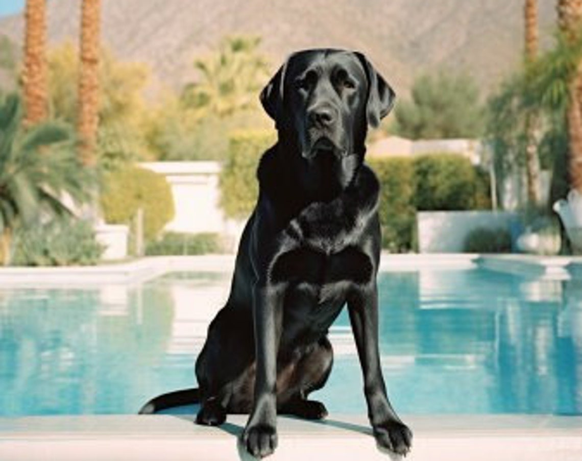 Black Labrador Sitting by a Pool with Palm Trees Glam Poster - Image 3