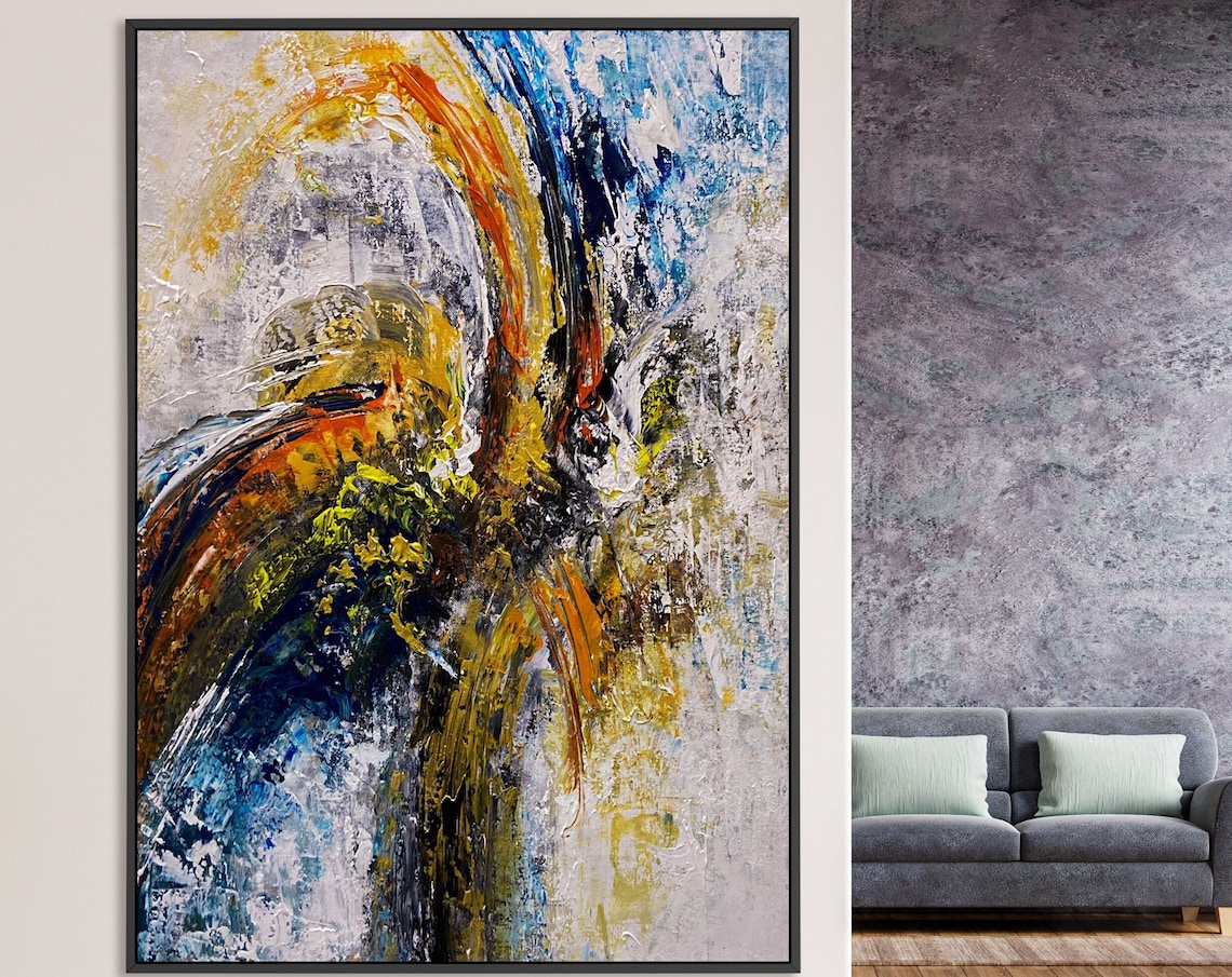 Orange Blue Gold Swirl Energetic Abstract Painting Modern Wall Poster