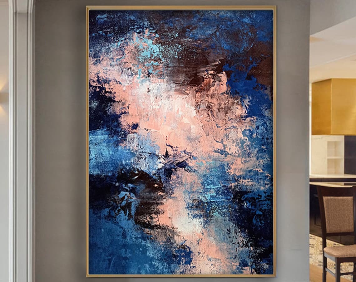 Navy Blue and Pink Dreamy Textured Abstract Vertical Art Poster