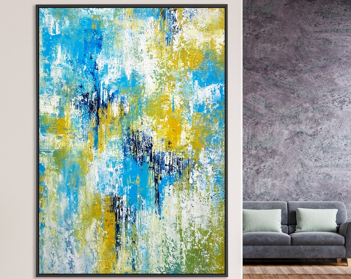 Blue and Yellow Vibrant Splatter Abstract Modern Wall Art Poster