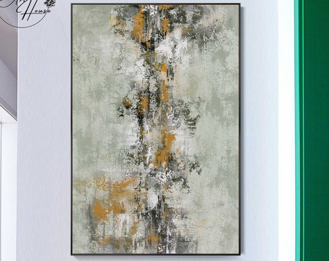 Sage Green Mustard Grey Distressed Vertical Abstract Wall Art
