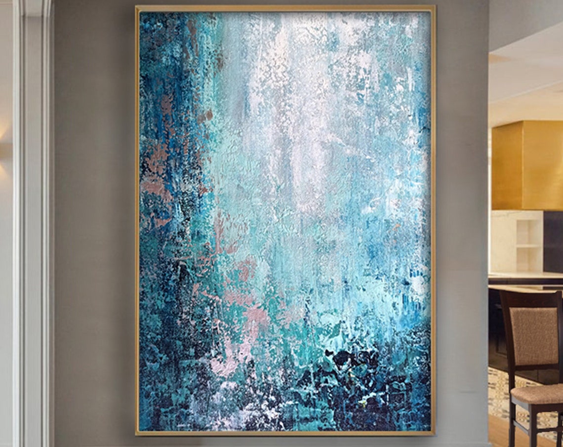 Teal Turquoise Blue Waterfall Cascade Abstract Textured Wall Art