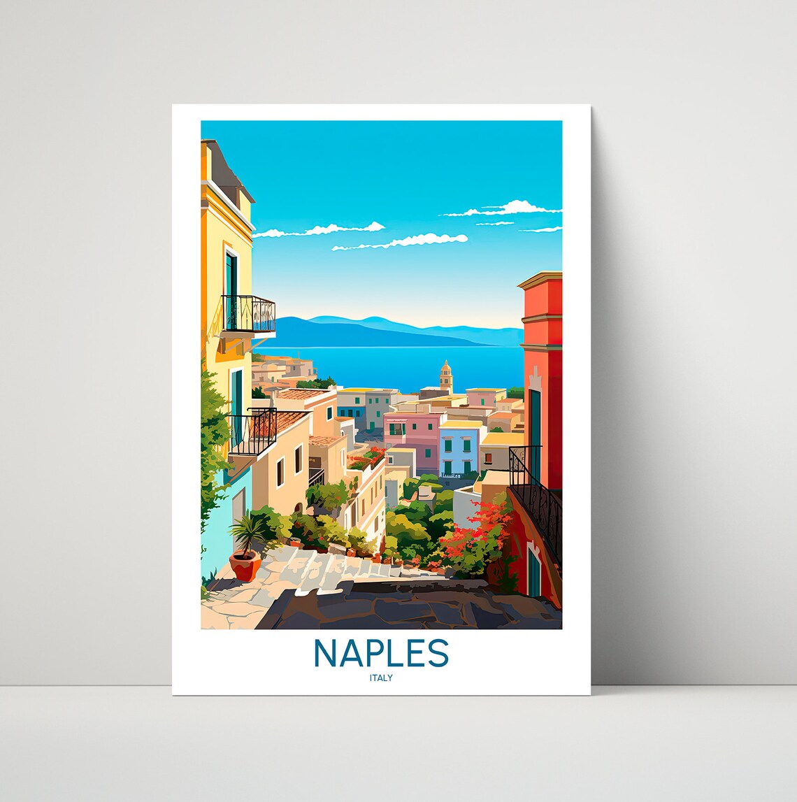 Naples Italy Charming Seaside Steps Bay View Vintage Travel Poster