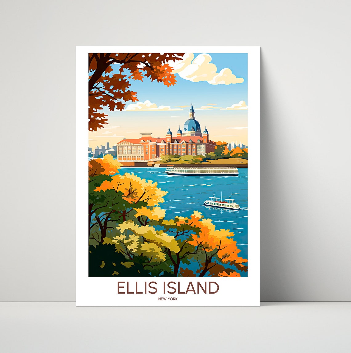 Ellis Island New York Autumn Harbor Ferry Vintage Travel Poster