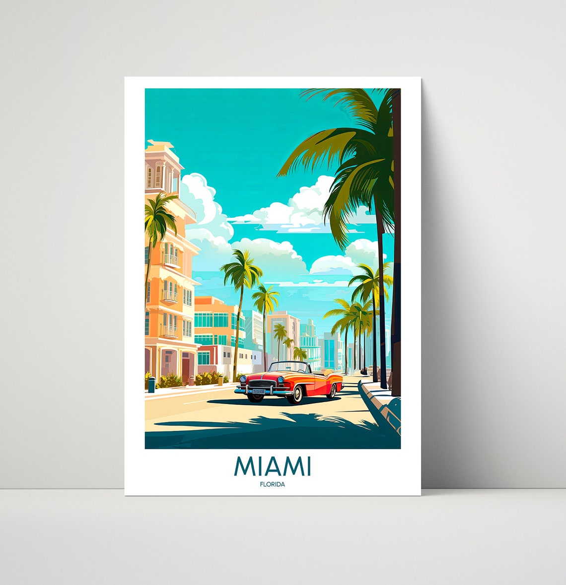 Miami Florida Palm Lined Street Classic Car Illustrated Travel Poster