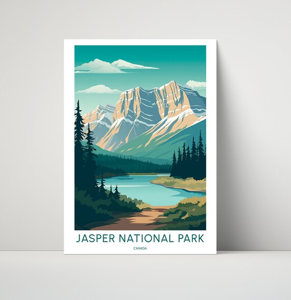 Jasper National Park Canada Turquoise Lake Peaks Illustrated Travel Poster