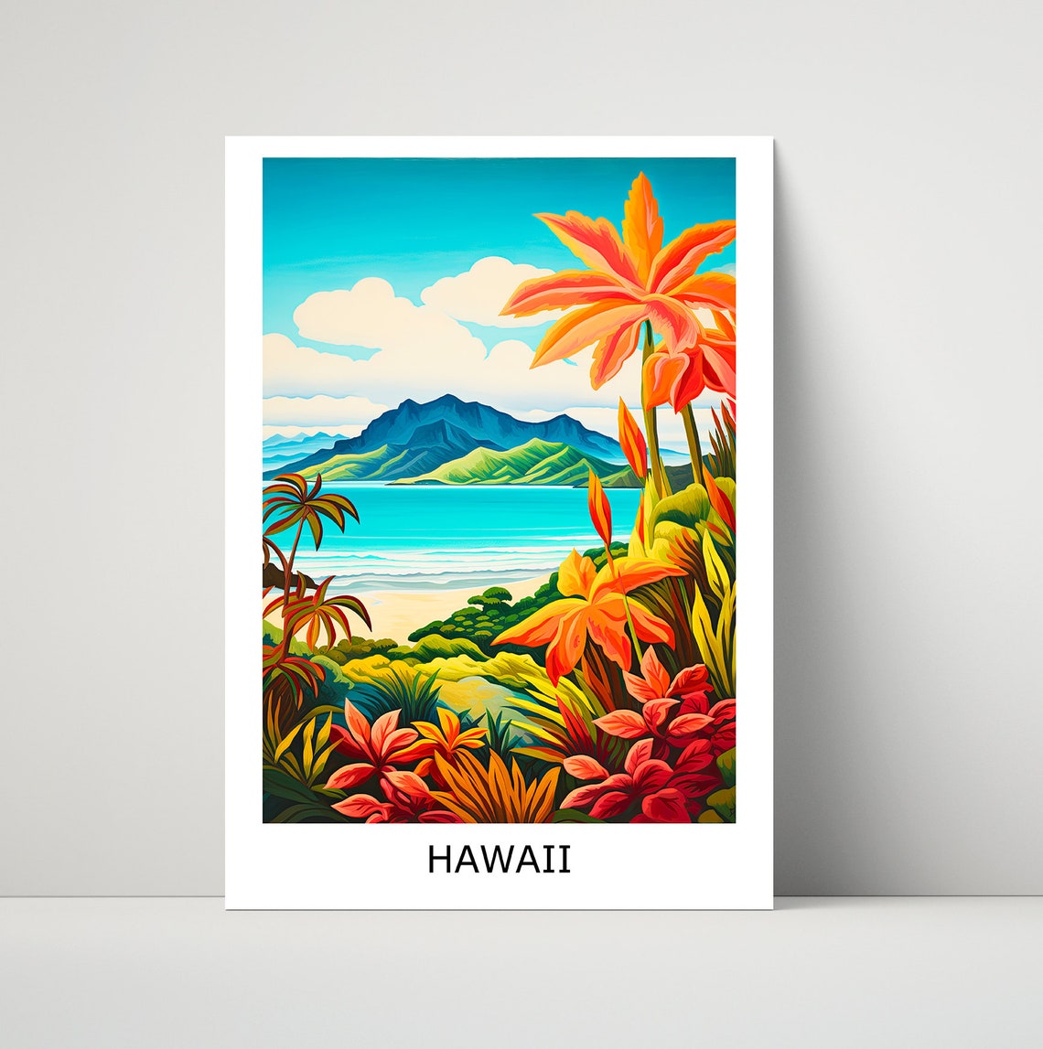 Hawaii Tropical Coast Palm Flowers Beach Illustration Art Poster