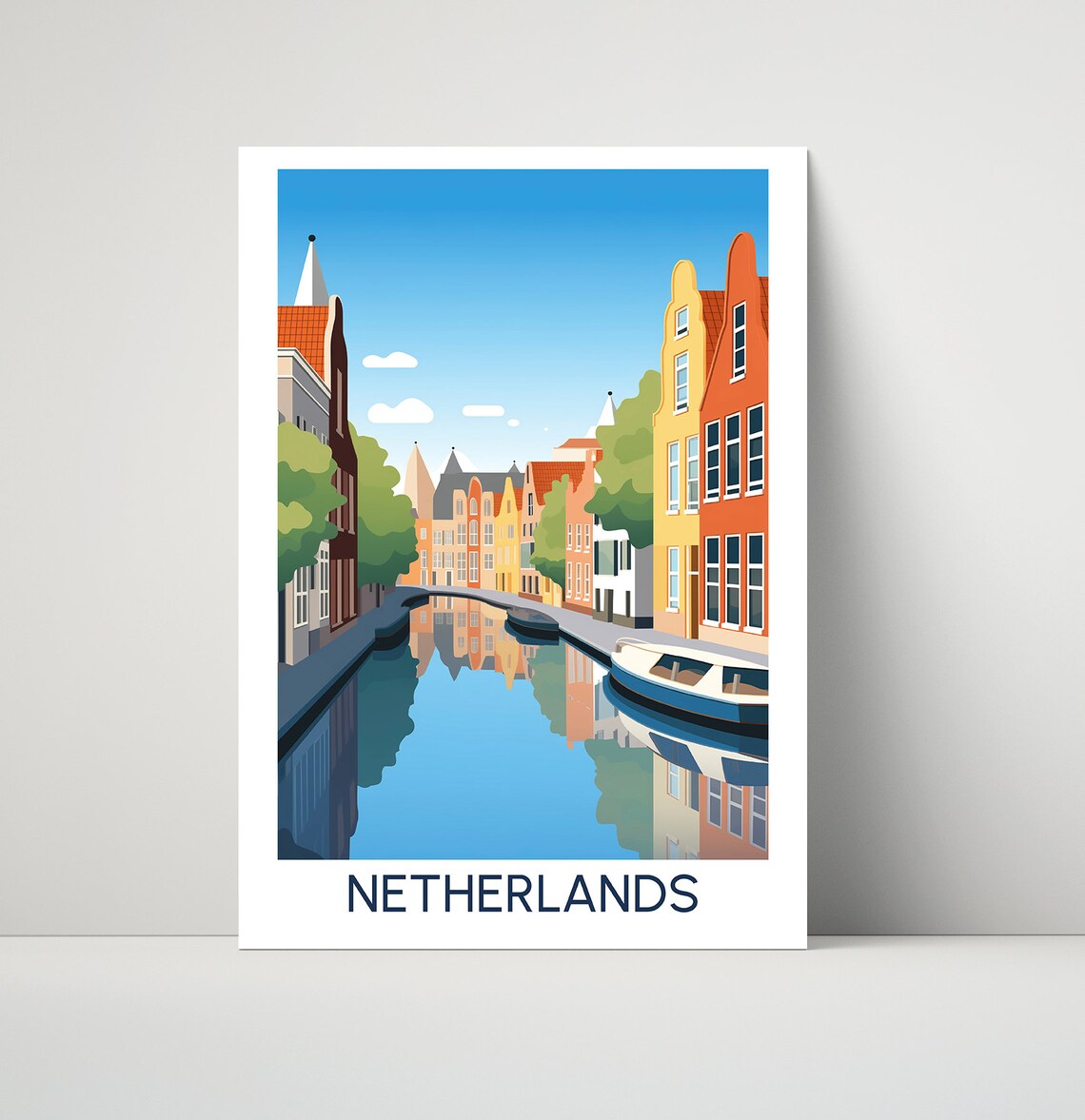 Netherlands Amsterdam Canal Houses Boats Travel Illustration Poster