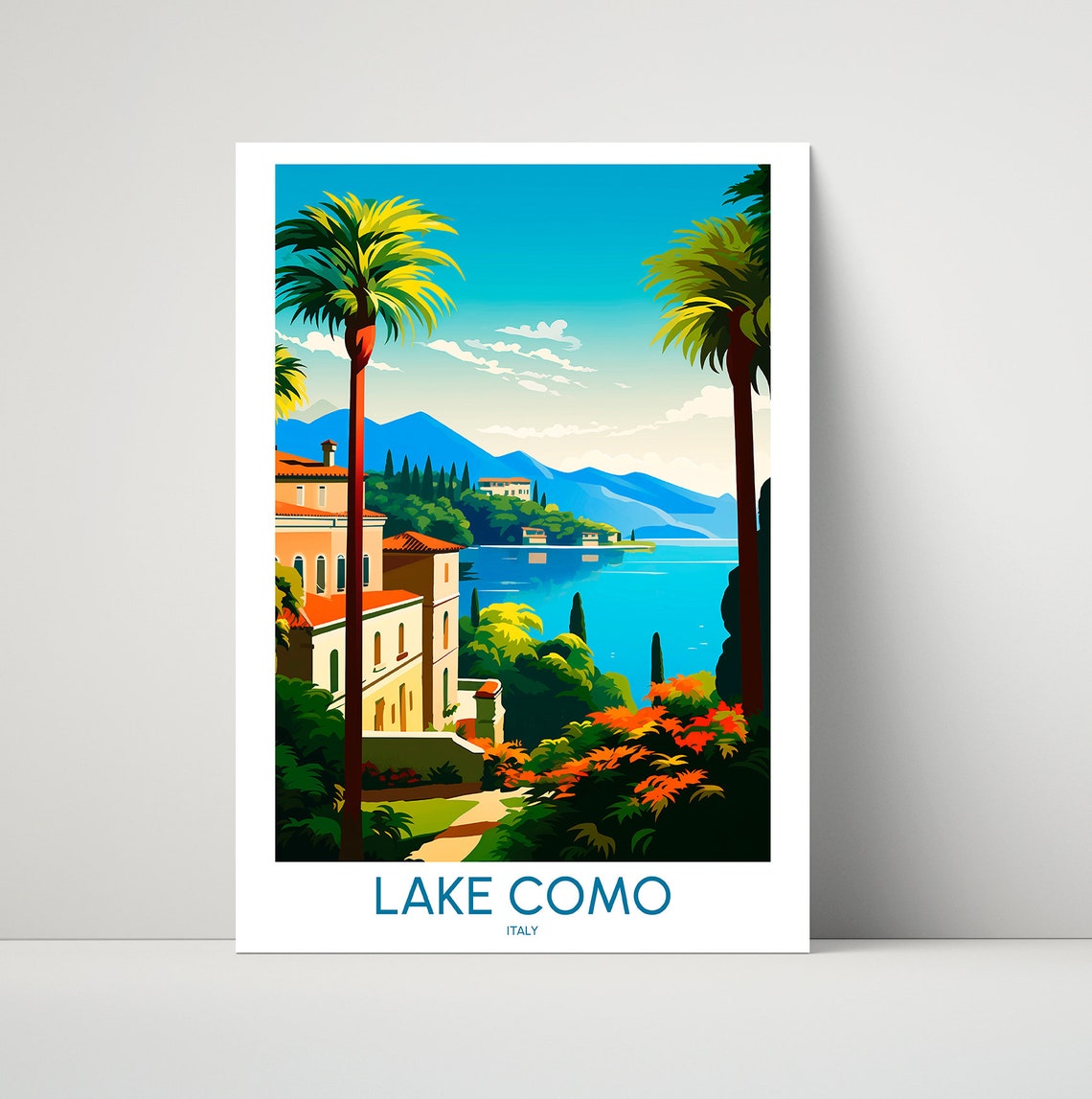 Lake Como Italy Palm Trees Lakeside Villa Mountain View Poster