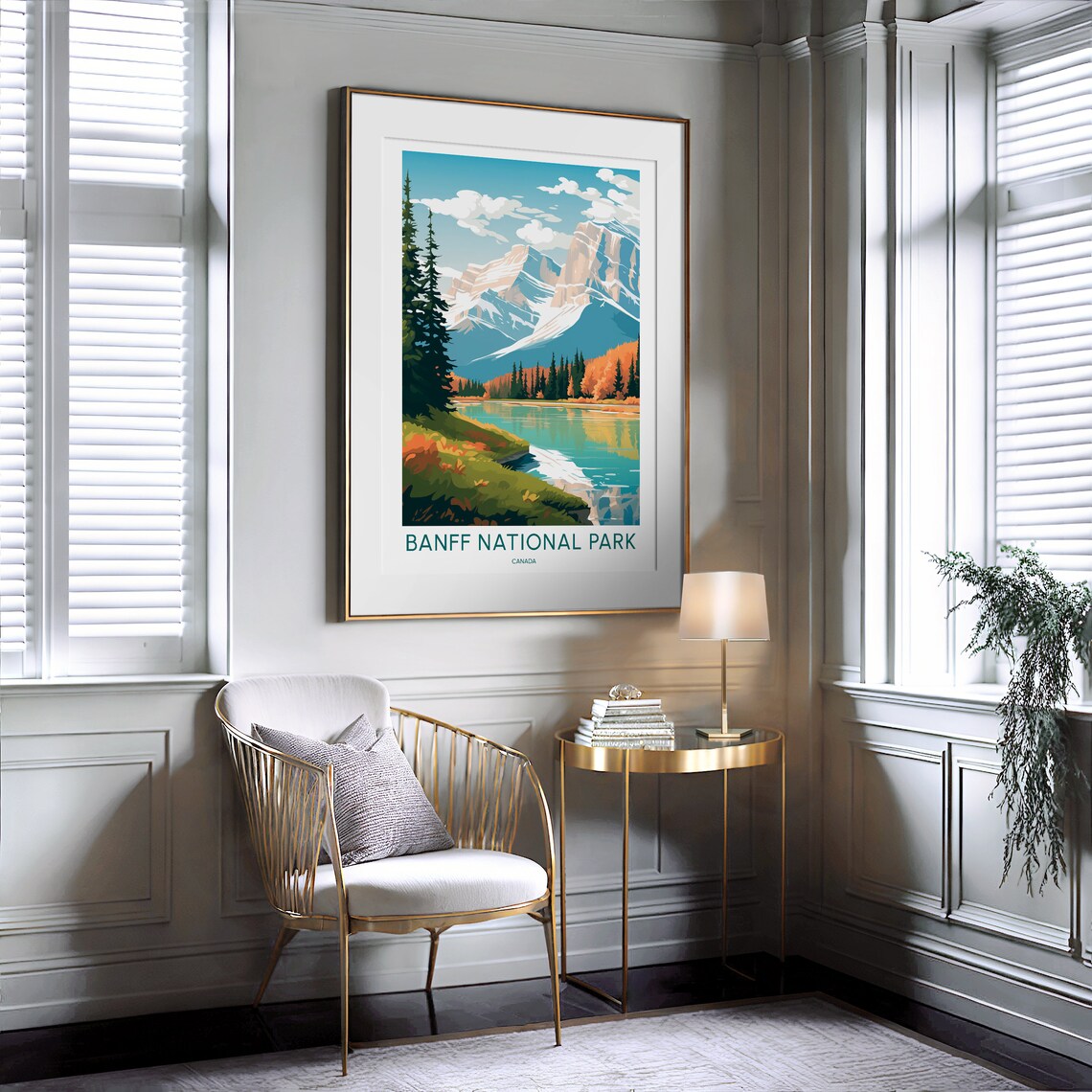 Banff National Park Canada Mountain Lake Reflection Illustrated Travel Poster - Image 2