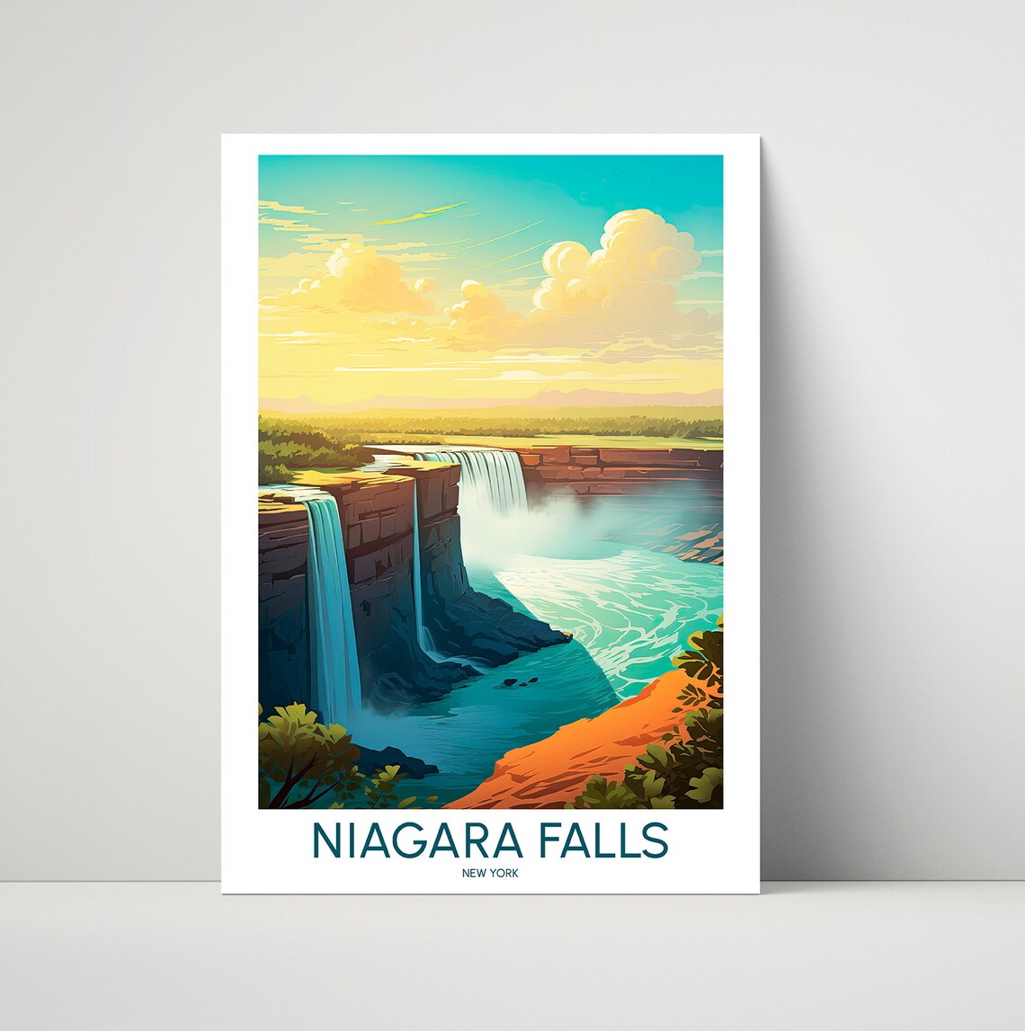 Niagara Falls New York Sunset Waterfall Vintage Travel Art Poster