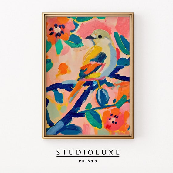 Whimsical Bird Painting Wall Art Colorful Trendy Apartment Decor Floral Print Cute Nursery