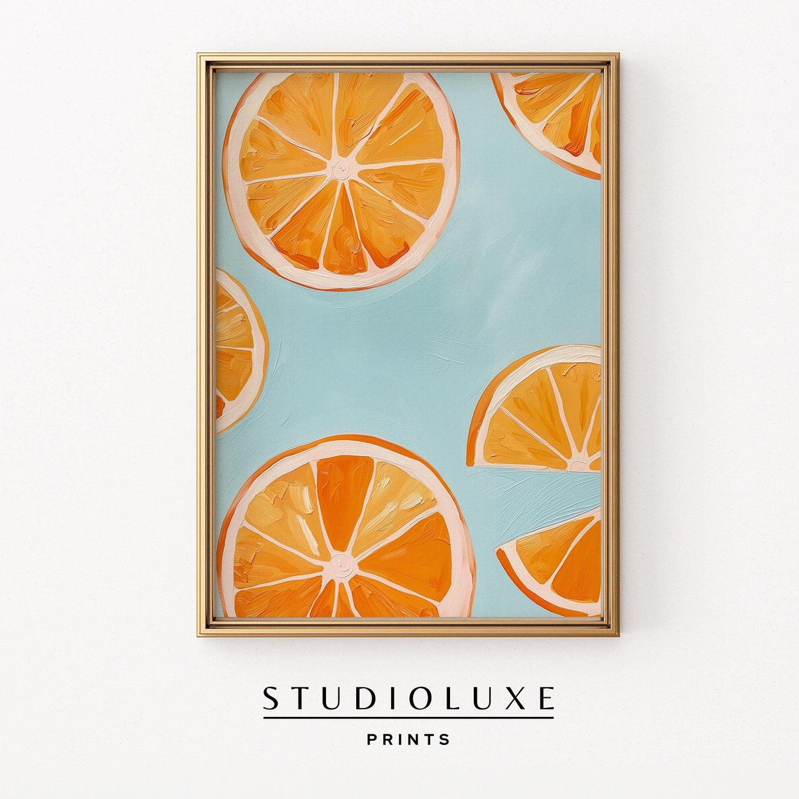 Fresh Orange Slices Scattered On Light Blue Kitchen Decor Poster