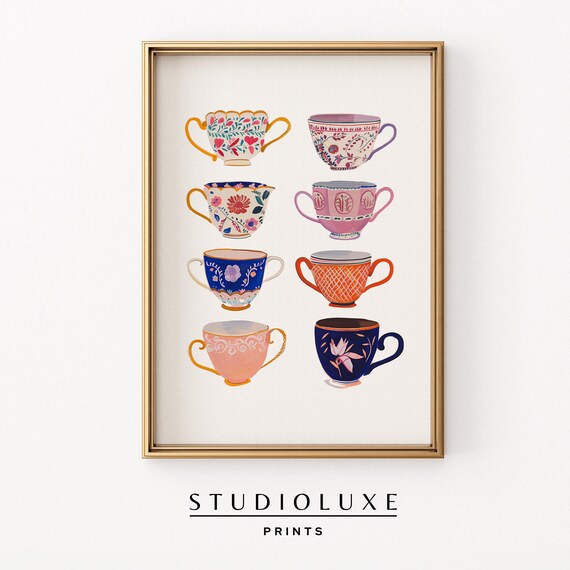 Eight Colorful Hand Painted Tea Cups Grid Kitchen Decor Poster