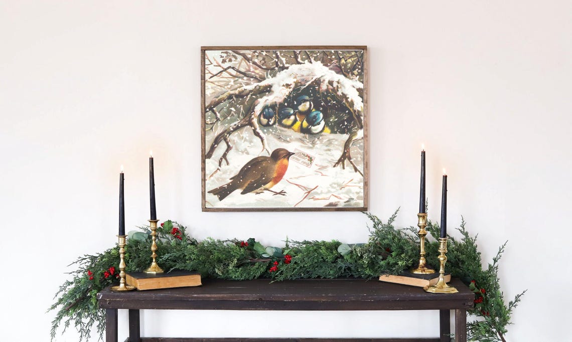 Winter Birds Sign Birds In The Snow Vintage Art Print Christmas Song Birds Art Snowy Song Birds Art Holiday Antique Art Print