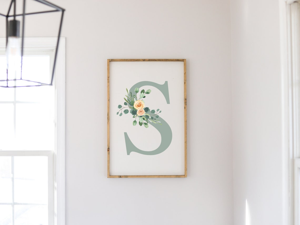 Floral Letter S Eucalyptus Rose Botanical Nursery Initial Art Poster