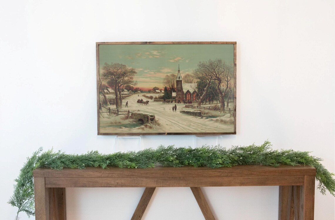 Snowy Church Street Horse Drawn Sleighs Green Sky Antique Village Winter Poster