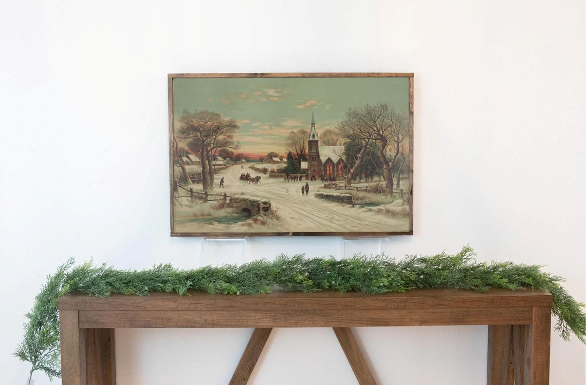 Snowy Winter Streets With Church Wall Art Christmas Eve Art Vintage Winter Art Print Antique Winter Painting Christmas Wall Art