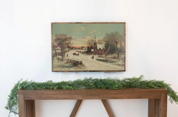 Snowy Church Street Horse Drawn Sleighs Green Sky Antique Village Winter Poster