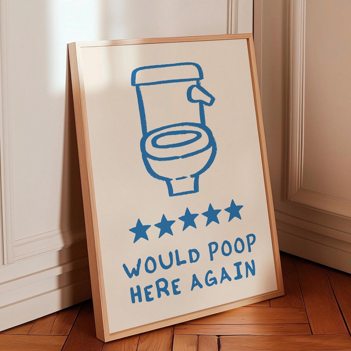 Would Poop Here Again Blue Five Star Toilet Funny Bathroom Poster