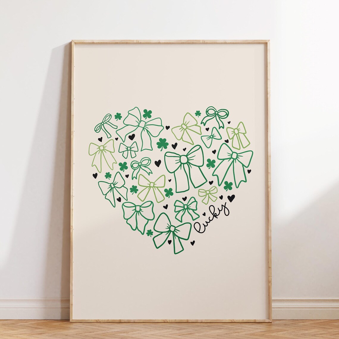 Lucky Green Bows Heart Coquette St Patricks Day Wall Decor Print