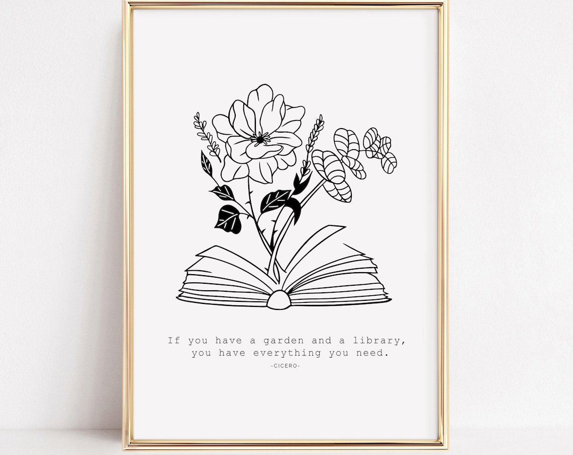 Cicero Garden Library Quote Book Lover Floral Line Art Typography Poster