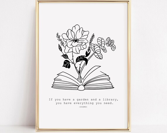 Cicero Garden Library Quote Book Lover Floral Line Art Typography Poster