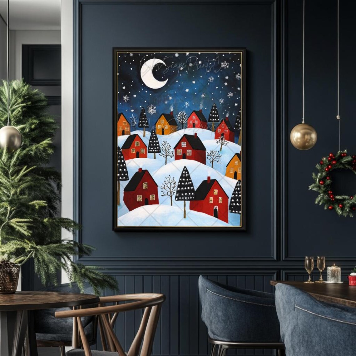 Christmas Village Print Starry Night Print Folk Christmas Village Art Whimsical Winter Landscape Art Winter Village Print Christmas Painting - Image 2