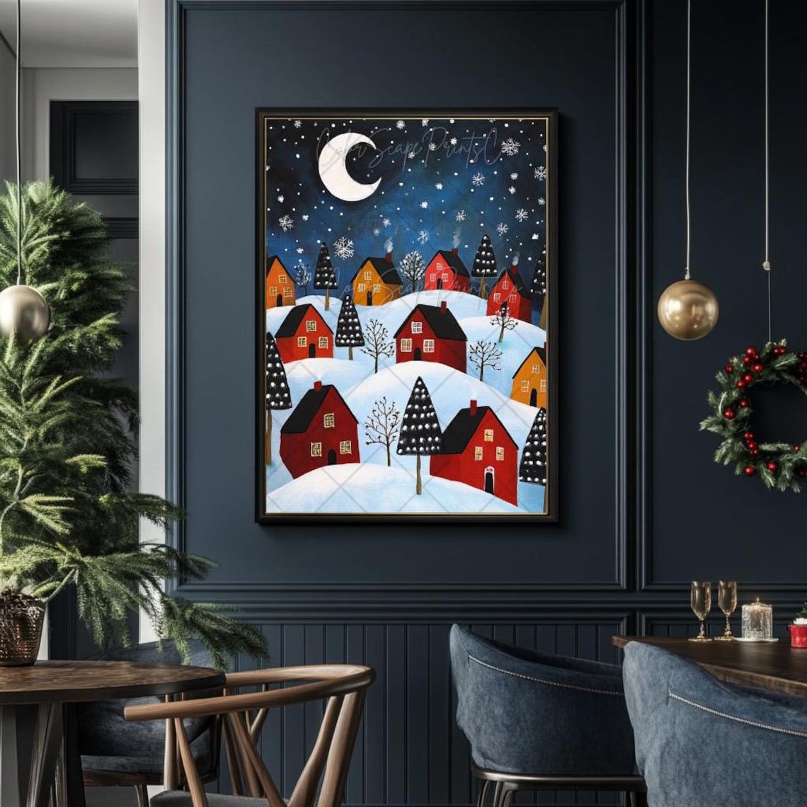 Folk Art Red Houses on Snowy Hills Under Crescent Moon Night Poster - Image 2