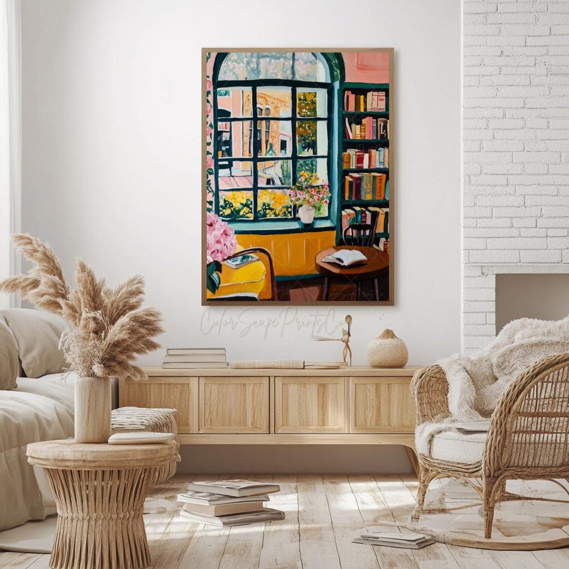 Cozy Vintage Bookstore Interior Painting Window Bookshelf Wall Art - Image 2