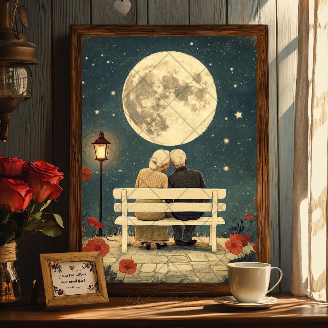 Elderly Couple on a Bench Under the Full Moon at Night Poster - Image 4