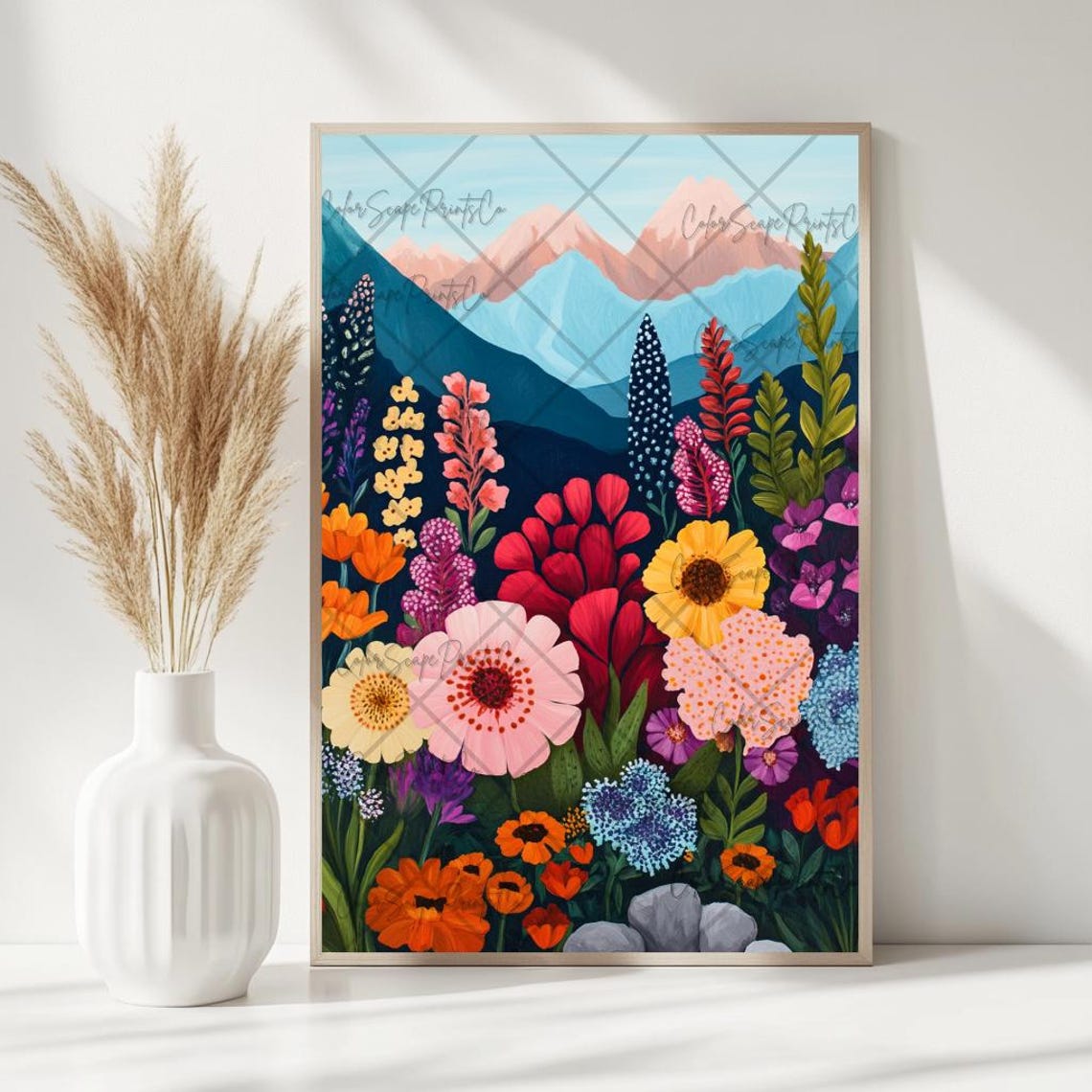 Alpine Wildflower Meadow With Mountain Peaks Botanical Poster - Image 2