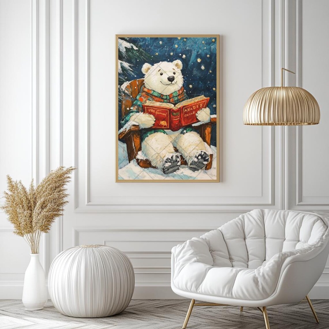 Polar Bear Reading Book in Snow Cozy Winter Booklover Poster - Image 3
