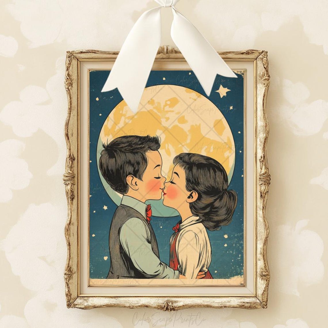 Vintage Retro Couple Kissing Under a Full Moon Night Sky Poster - Image 4