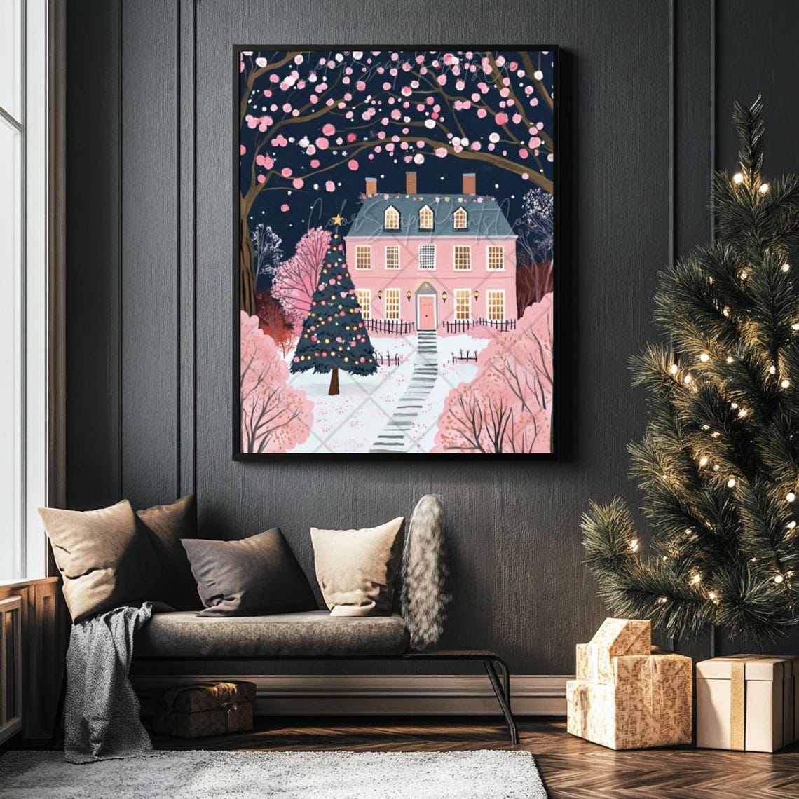 Pink Christmas House Print Pink Christmas Wall Art Pink Winter Pink Winter Village Wall Art Pastel Winter Painting Girly Christmas - Image 2