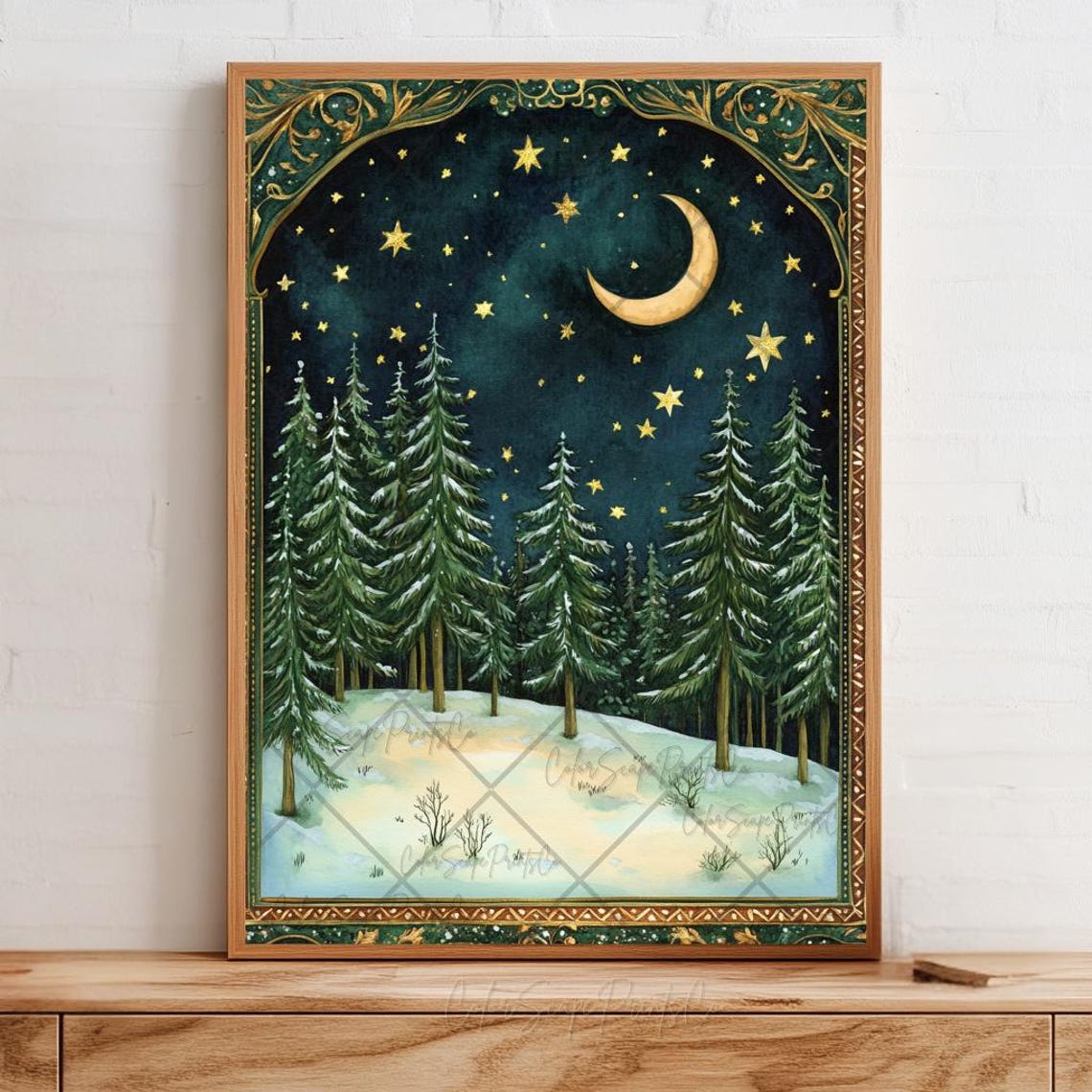 Enchanted Winter Forest Crescent Moon Stars Vintage Storybook Poster - Image 2