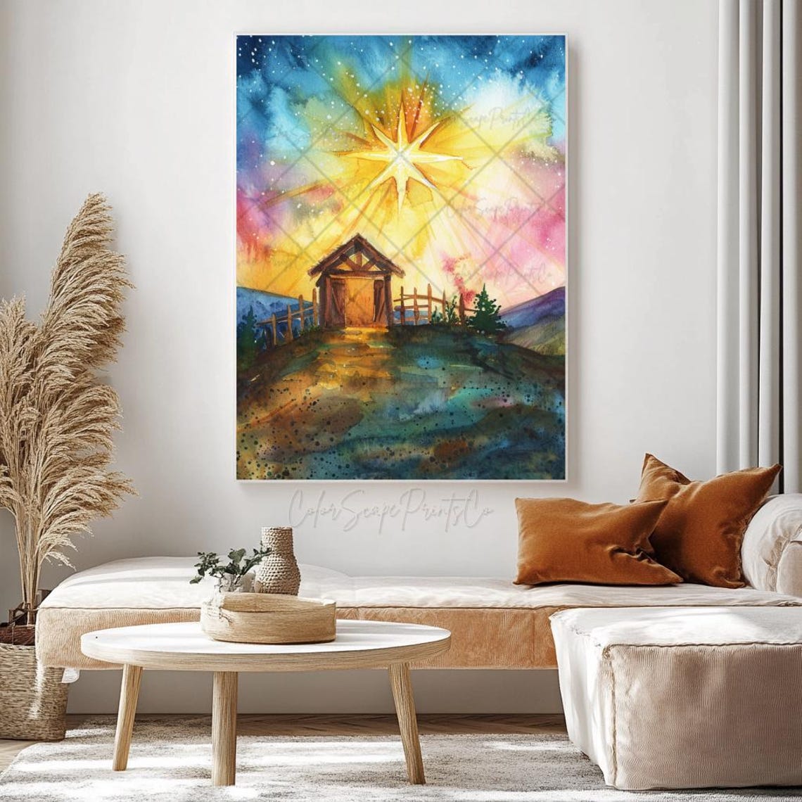 Star Of Bethlehem Painting Colorful Nativity Wall Art Manger Scene Print Christmas Star Print Christmas Landscape Painting Nativity Star Art - Image 2