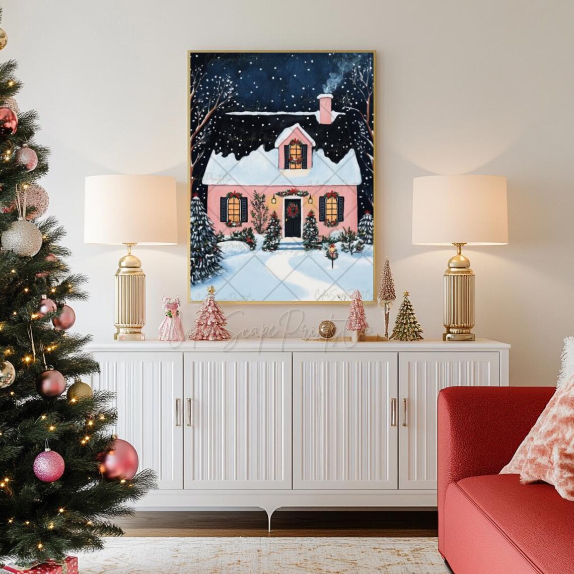 Christmas Houses Painting, Pastel Winter Village Print - Image 2