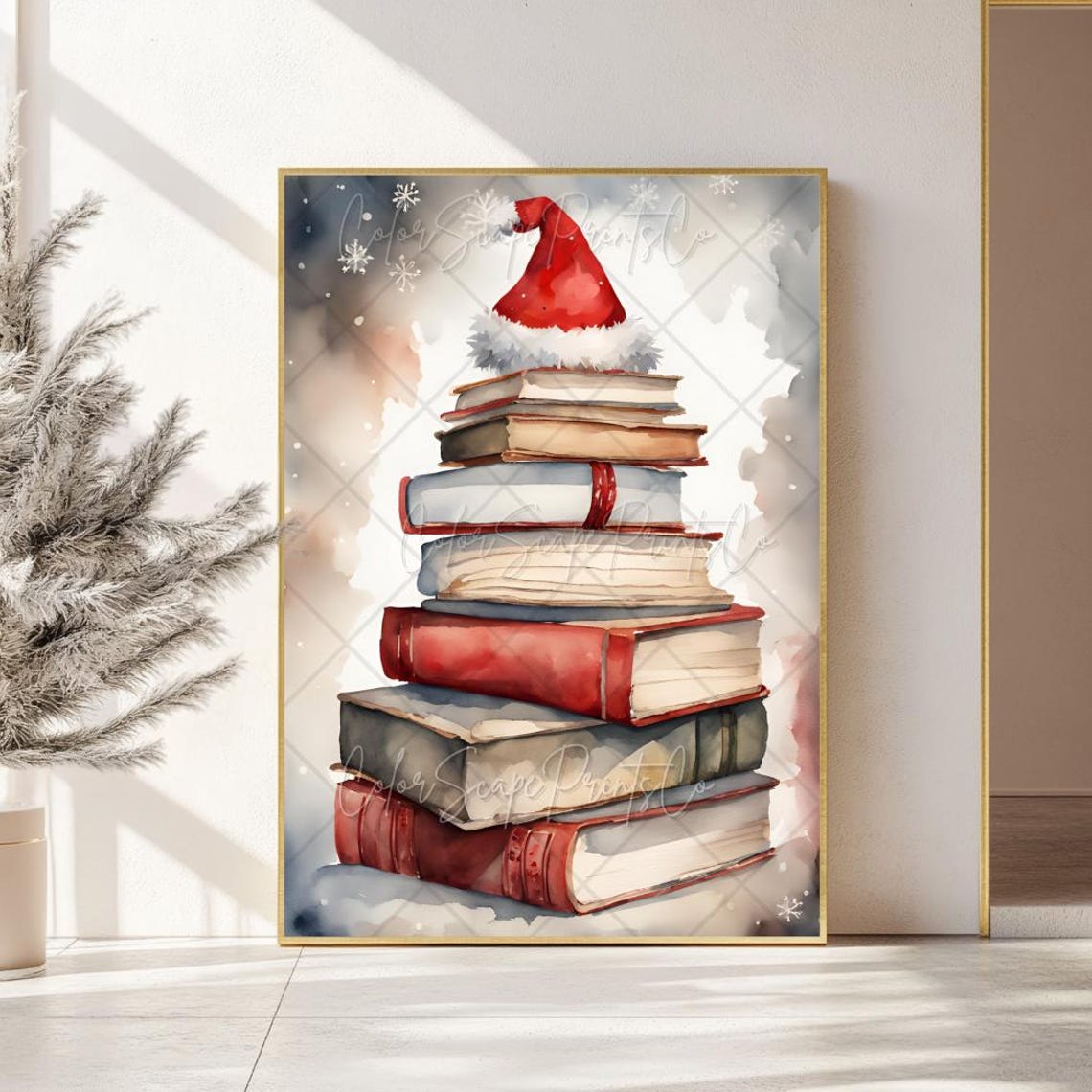 Stack of Books Topped with Santa Hat Watercolor Christmas Poster