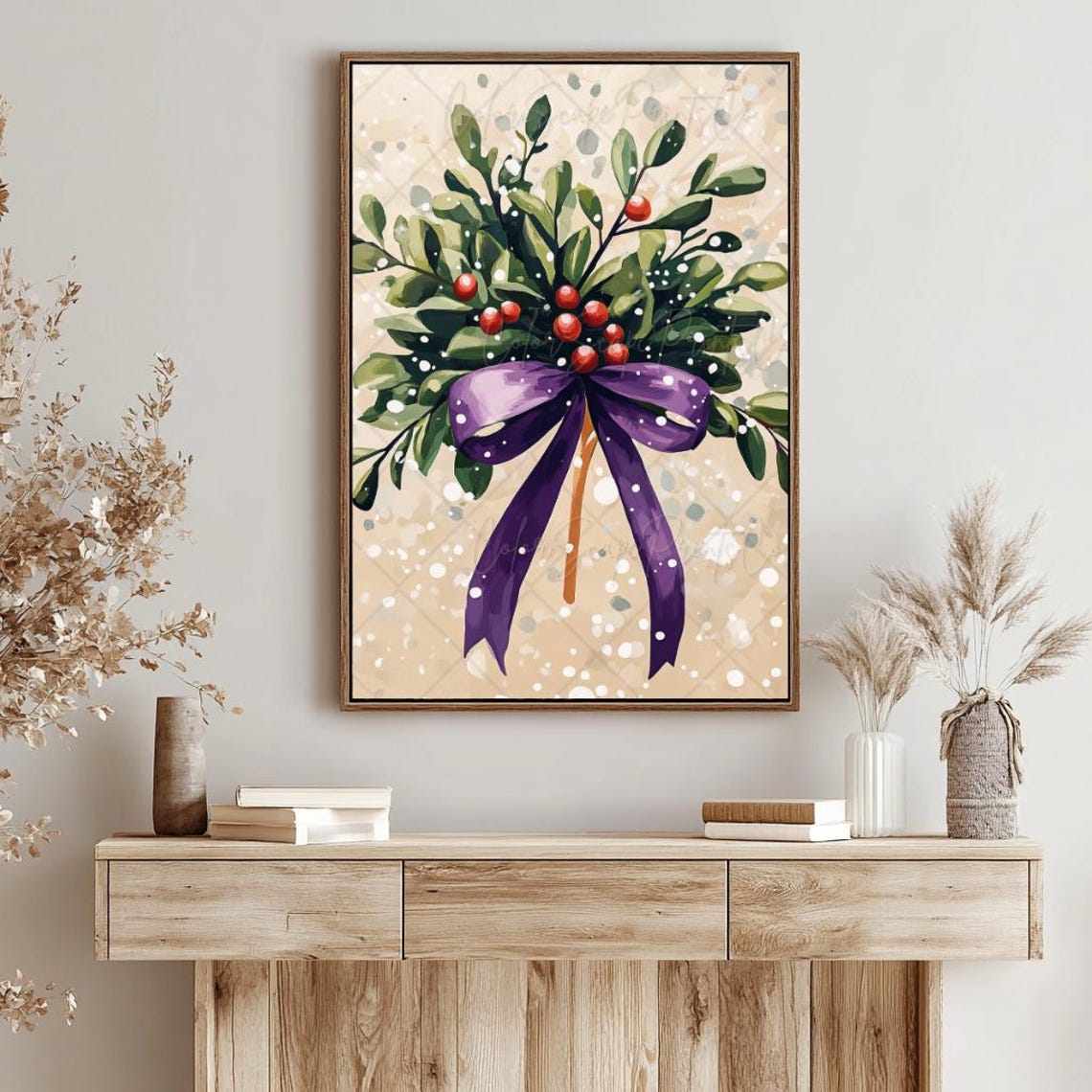 Green Foliage Bouquet with Red Berries and Purple Bow Winter Poster - Image 2