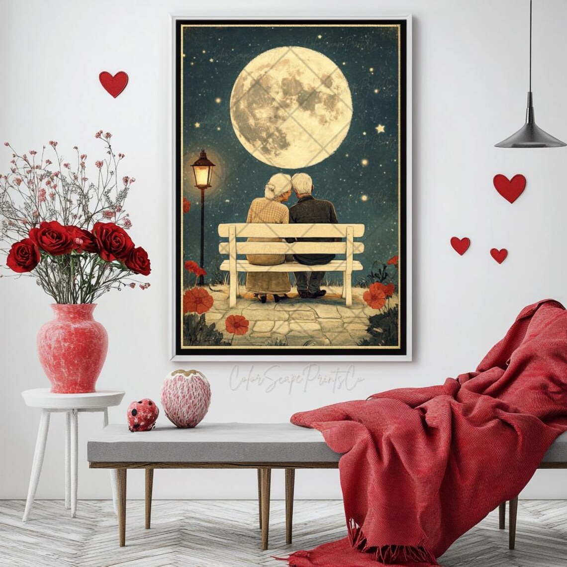 Elderly Couple on a Bench Under the Full Moon at Night Poster - Image 3