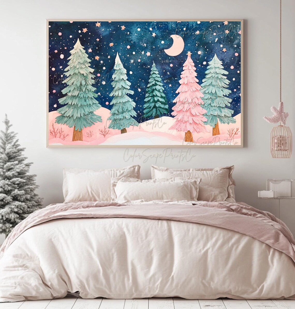 Pink Christmas Tree Winter Landscape Art Print - Image 2