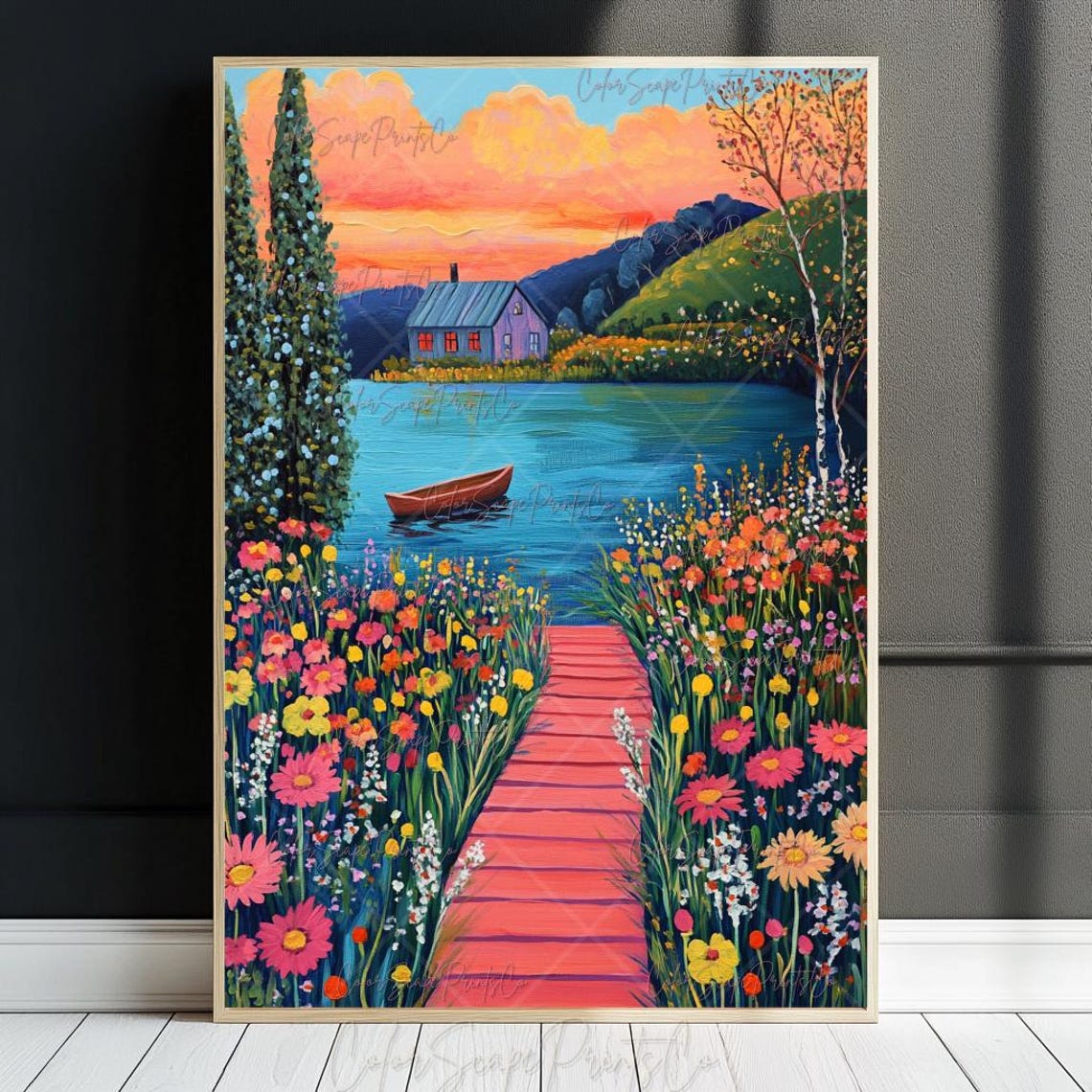 Lakeside Sunset Cabin With Red Canoe And Wildflower Boardwalk Poster