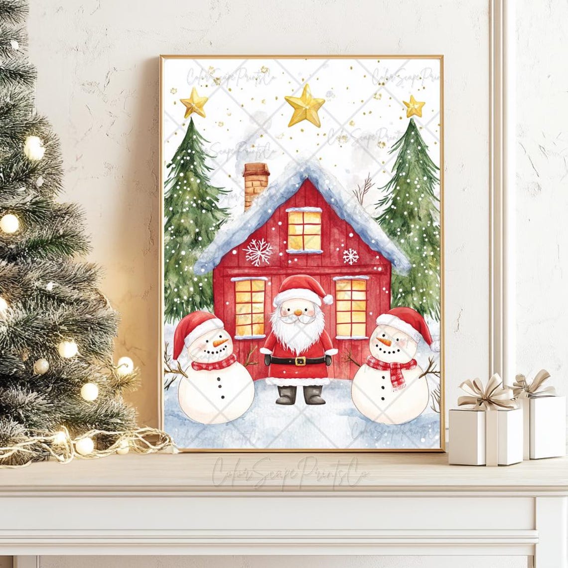 Christmas Village Print Santa Claus And Snowman Painting Festive House Print Winter Scene Print Colorful Christmas Print Christmas Landscape - Image 4