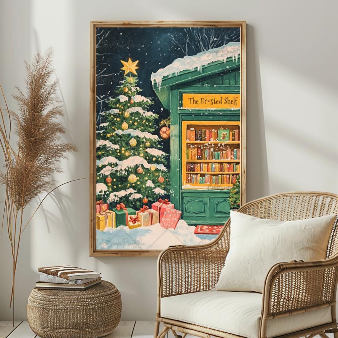 The Frosted Shelf Bookstore Snowy Christmas Night Poster Art - Image 2