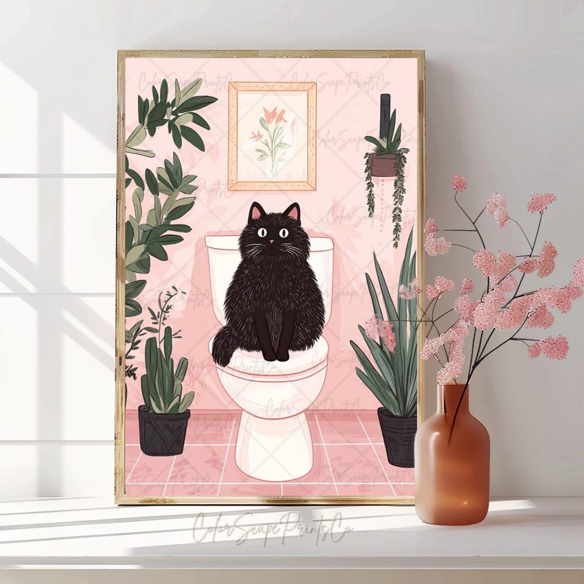 Funny Black Cat Sitting on a Toilet Pink Bathroom Plants Poster - Image 3