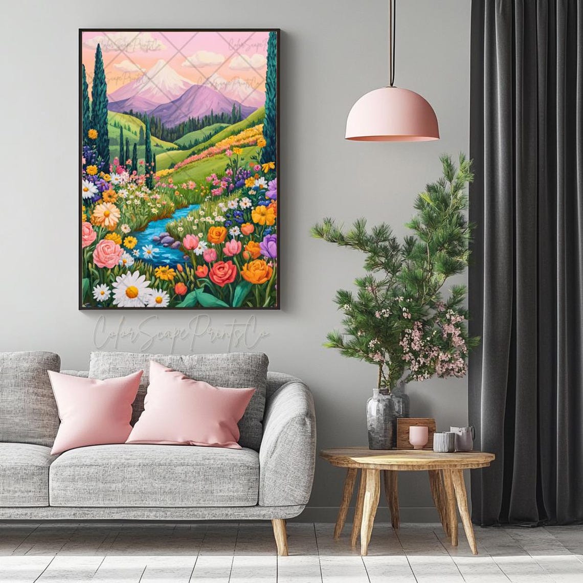 Wildflower Meadow Mountain Valley Stream Scenic Landscape Poster - Image 2