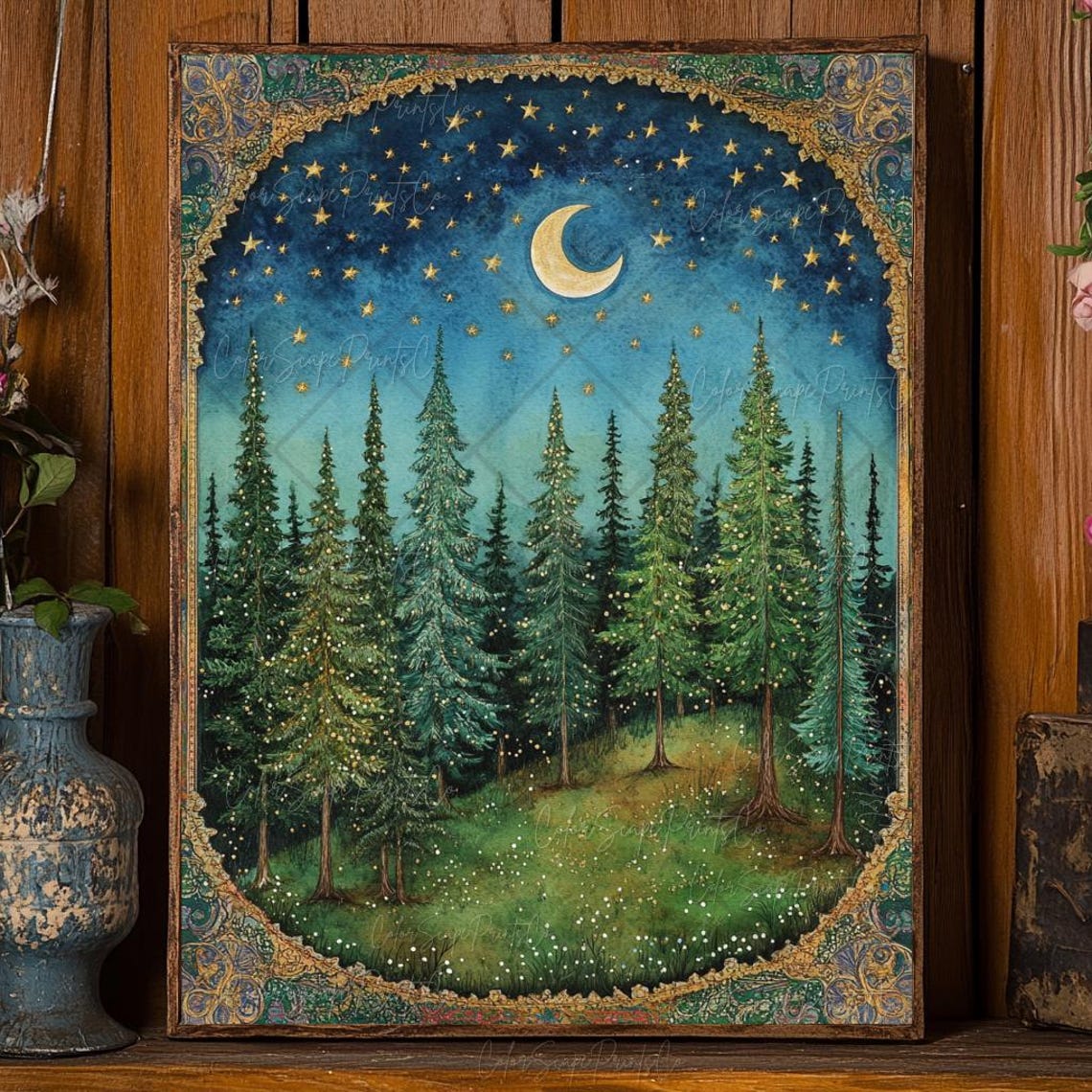 Night Forest Crescent Moon Stars Ornate Gold Arch Border Poster - Image 2