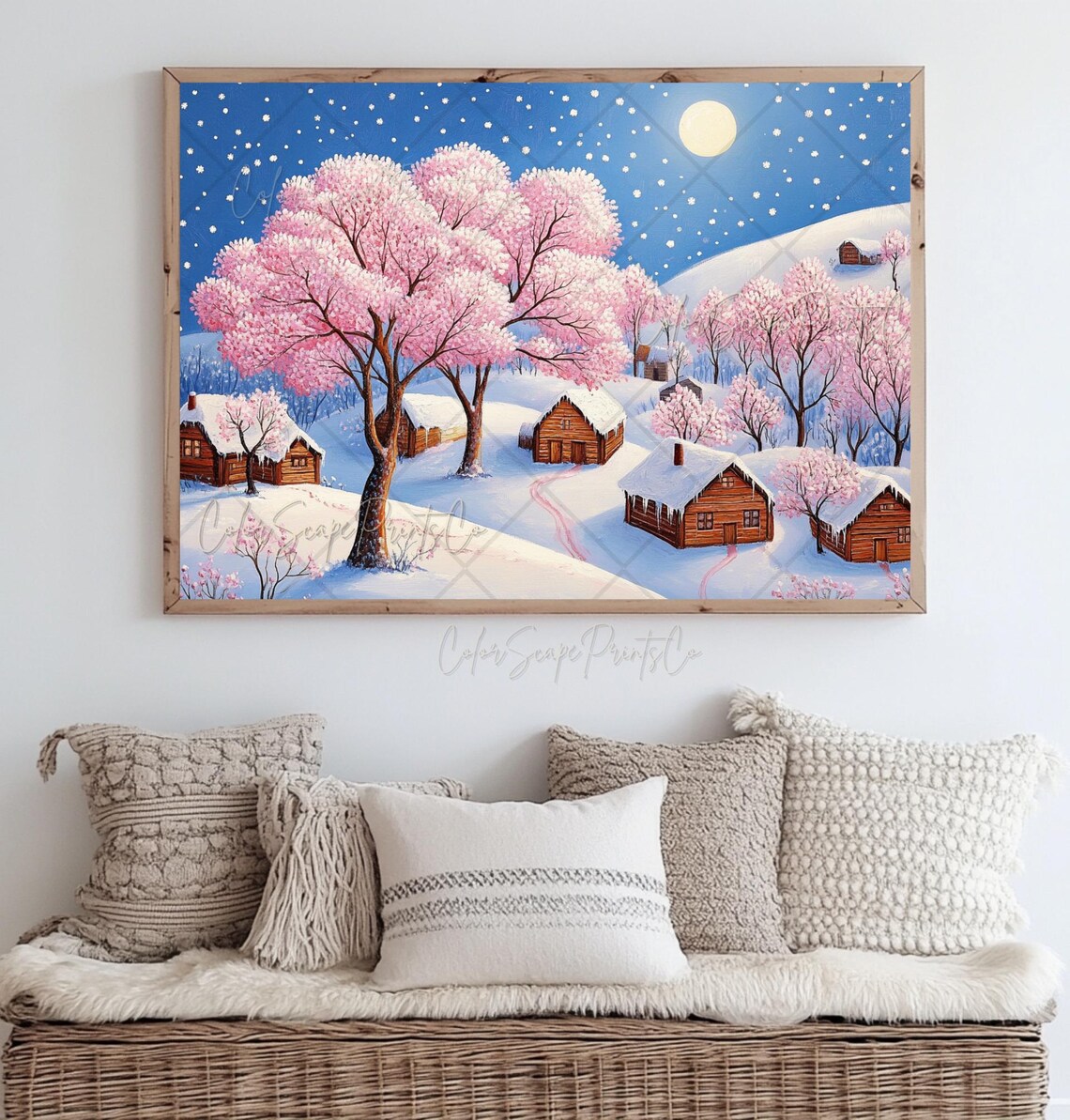 Pink Christmas Village Wall Art Whimsical Winter Wonderland Winter Landscape Pastel Christmas Wall Art Pink Trees Snowy Landscape Painting - Image 4